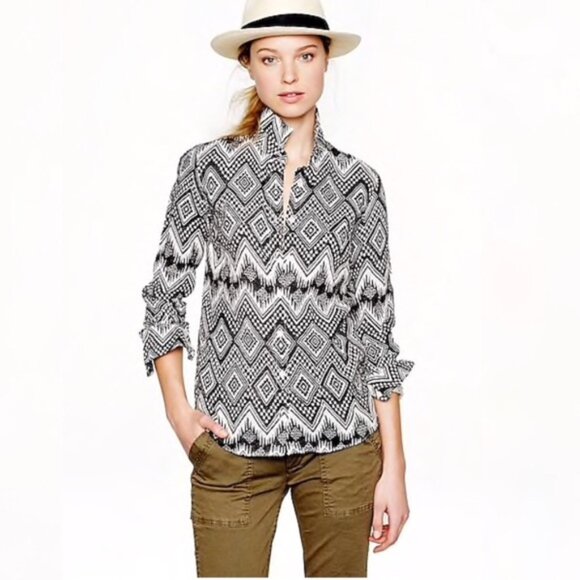 J.Crew Black White Linen Diamond Ikat Boy Shirt 2 - Picture 2 of 7